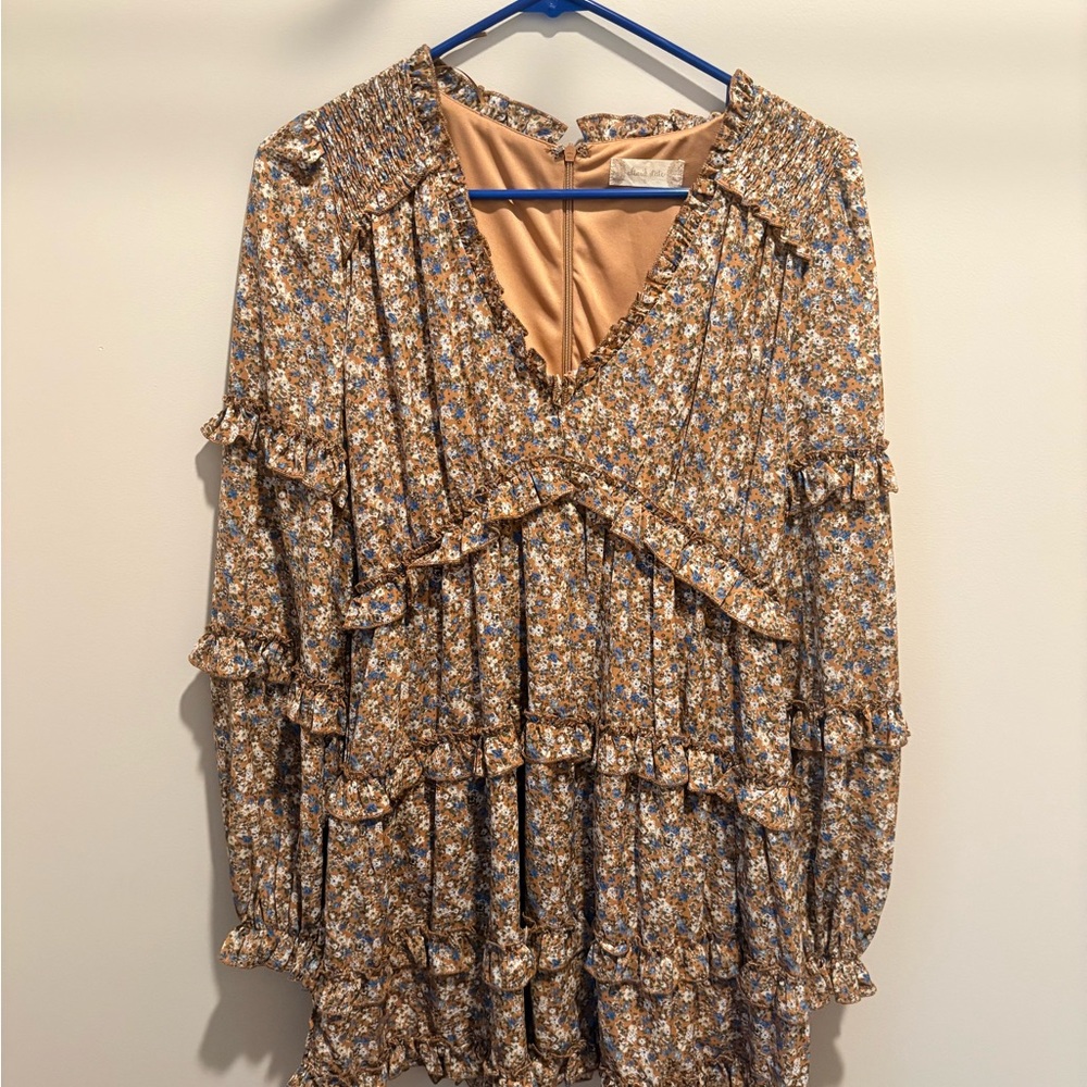 Altar'd State Floral Ruffle Top Dress in Brown and Blue
